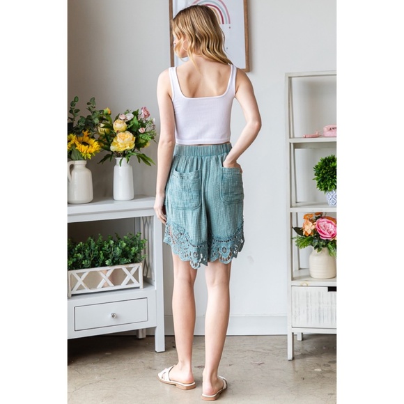 Oli & Hali Teal Mineral Washed Long Cotton Lace Trimmed Shorts - Picture 6 of 11